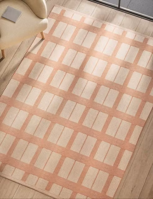 M&S Pink Checked Rectangular Polyester Rug