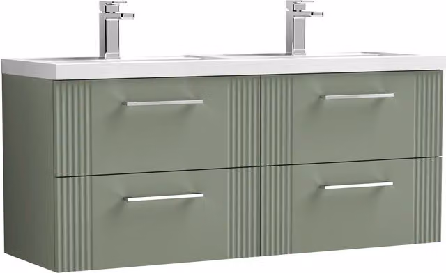 Balterley Wall Hung 4 Drawer Vanity Unit with 2 Polymarble Basins, Satin Green, W: 120 cm