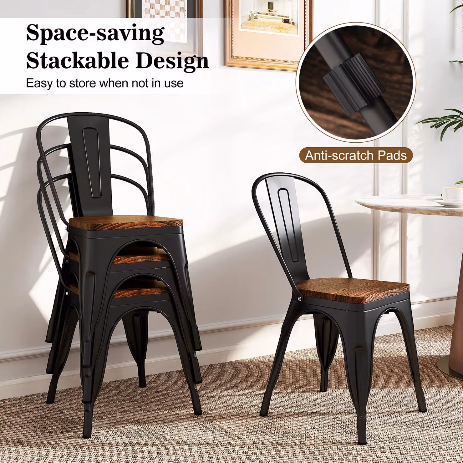 Gymax Set of 4 Stackable Metal and Wood Industrial Dining Chairs in Matt Black – 6
