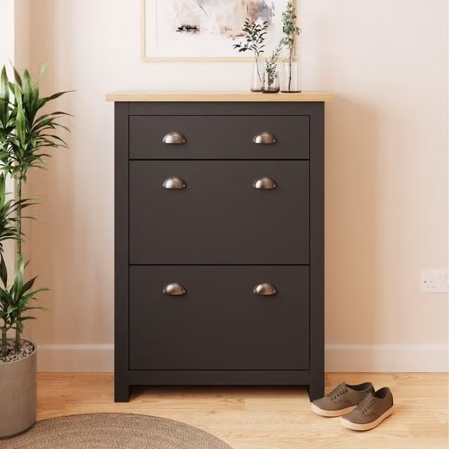 GFW Lancaster Modern Matt Black 2 Door 1 Drawer Shoe Cabinet with Tilting Compartments
