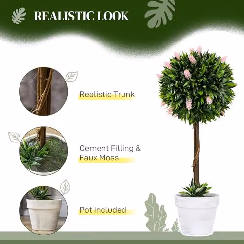 HOMCOM Set of 2 Pink and Green Artificial Floral Ball Trees, Height: 60 cm – 3