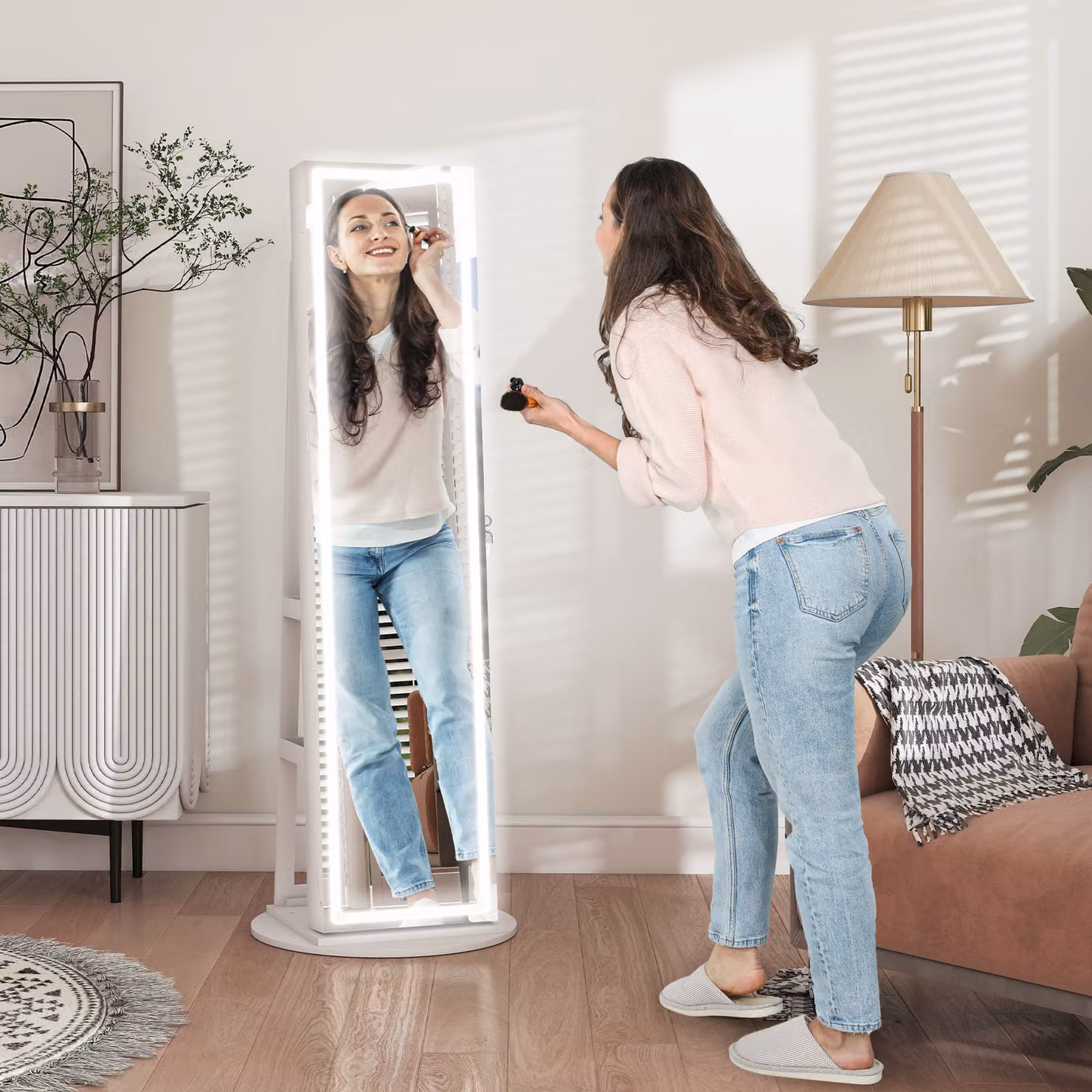 HOMCOM White 360 Swivel Mirror Jewellery Cabinet with 3-Colour LED Lights and Lockable Storage – 2