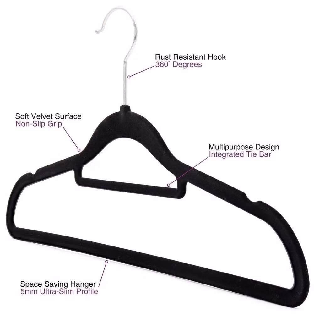 Pawnora Non-slip Velvet Flocked Coat Hangers with Bar, Black, W: 40.0 cm, H: 22.0 cm, D: 41.5 cm – 2
