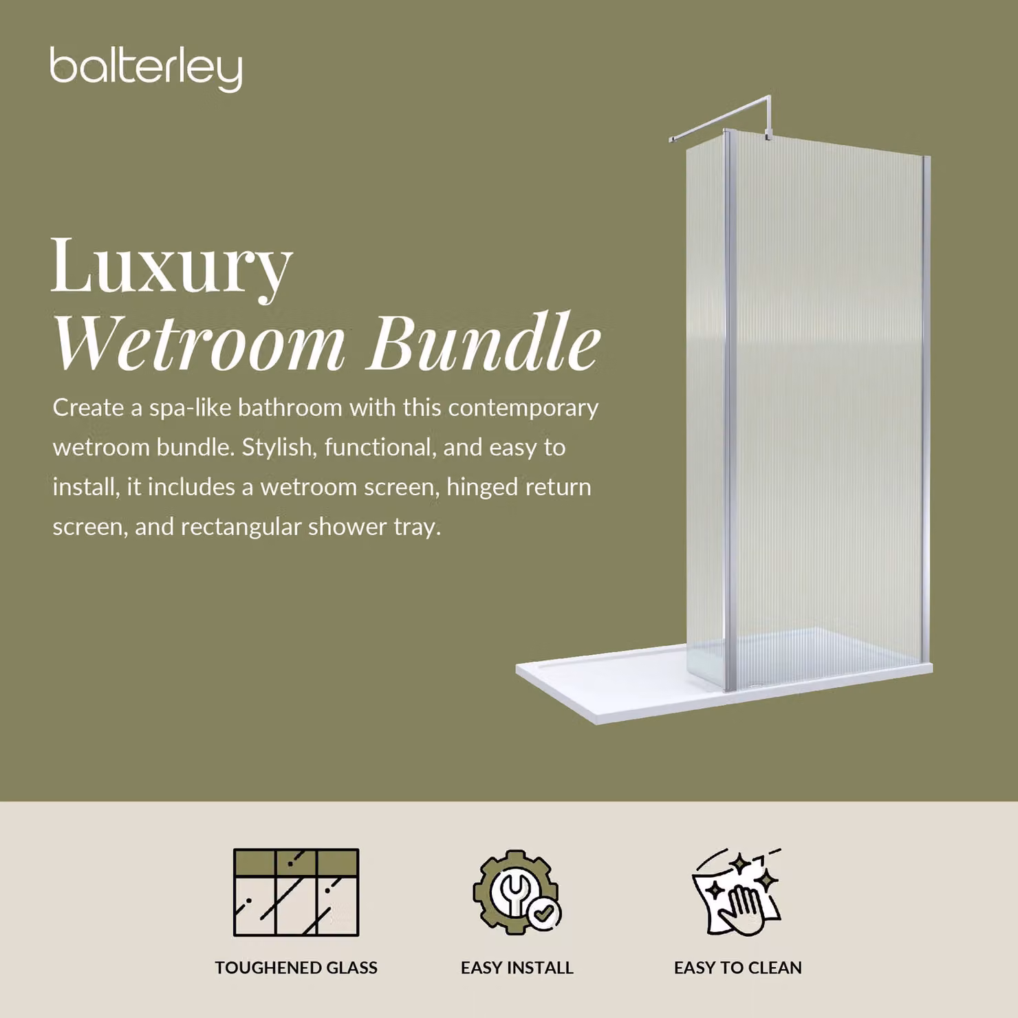 Balterley 8mm Fluted Glass Walk-in Wetroom Screen with Return and Tray, Silver, W: 1400 mm, D: 800 mm – 2