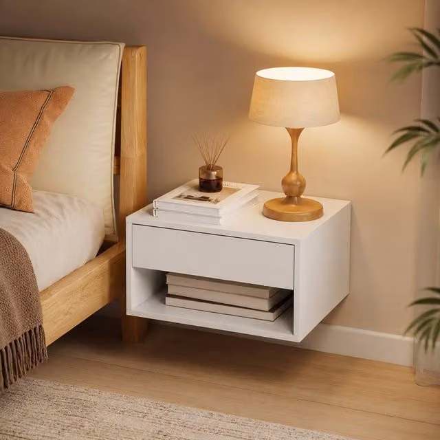 STILVORA Set of 2 White Wall Mounted Floating Bedside Tables with Drawer and Shelf – 1