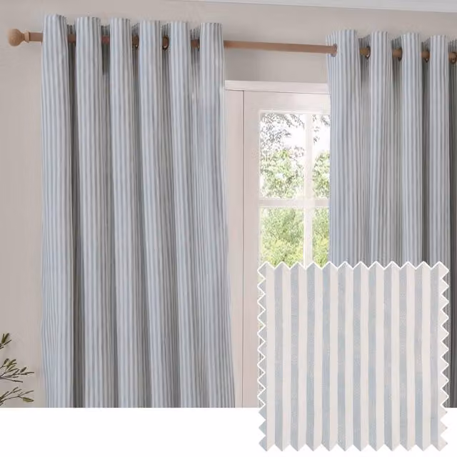 Yard Hebden Cotton Striped Blackout Eyelet Curtains in Mineral Blue