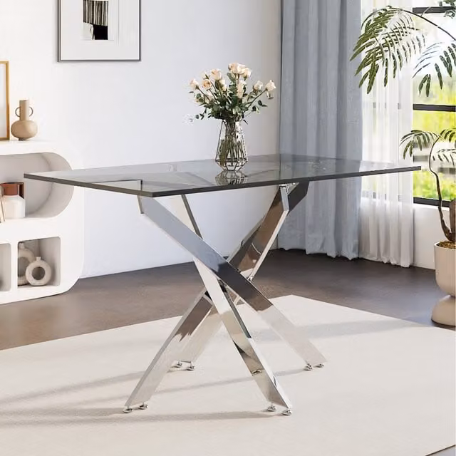 Komore Minimalist Rectangular Tempered Glass Dining Table in Transparent and Silver, W: 120 cm, D: 75 cm