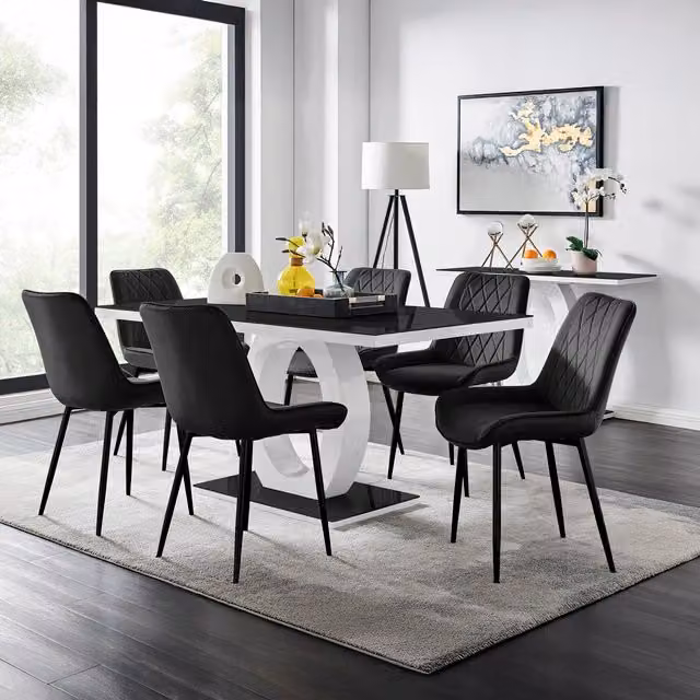 FurnitureboxUK Giovani Black Rectangular Glass Dining Table with Six Black Upholstered Chairs