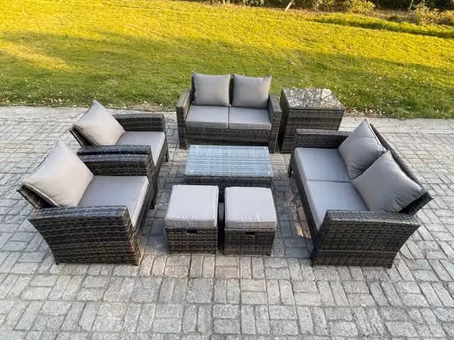 Fimous 8 Piece Outdoor Rattan Garden Furniture Set with Coffee Table and Side Table in Dark Grey