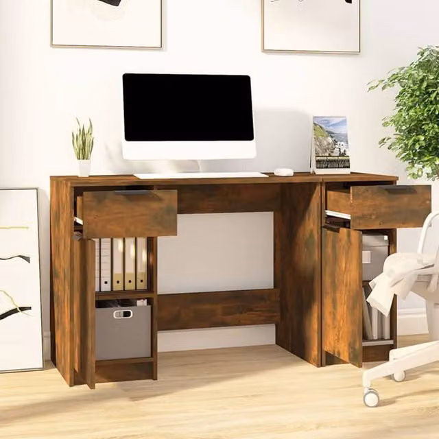 Berkfield Home Elegant Desk with Side Cabinet in Smoked Oak Brown Engineered Wood W/D/H: 120 x 50 x 75 cm