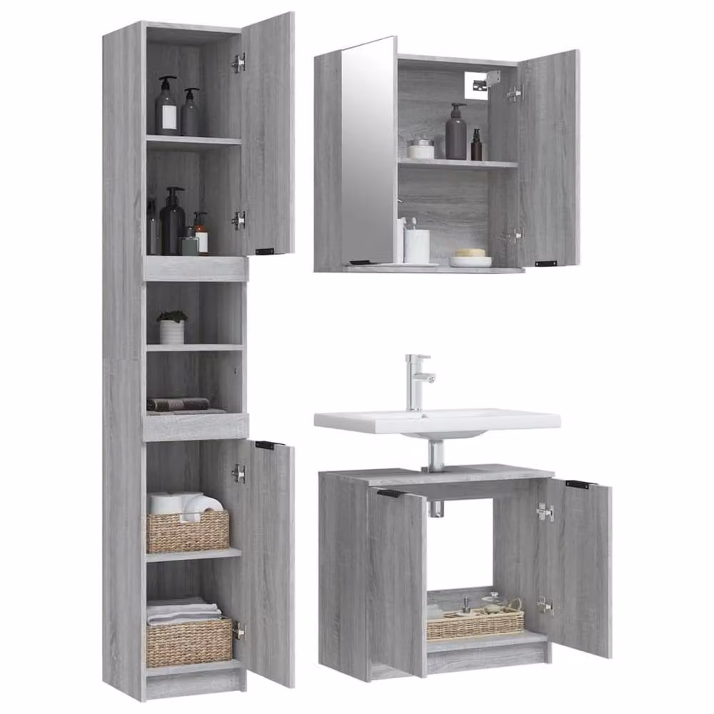 Berkfield Home 3 Piece Grey Modern Bathroom Cabinet Set with Mirror, Tall and Side Cabinets – 2
