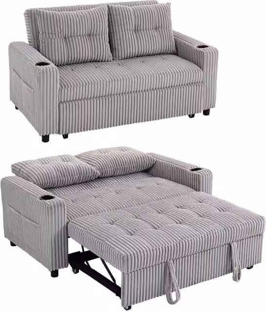 HOMCOM 2 Seater Click Clack Sofa Bed in Light Grey with Fabric Upholstery and Scatter Cushions