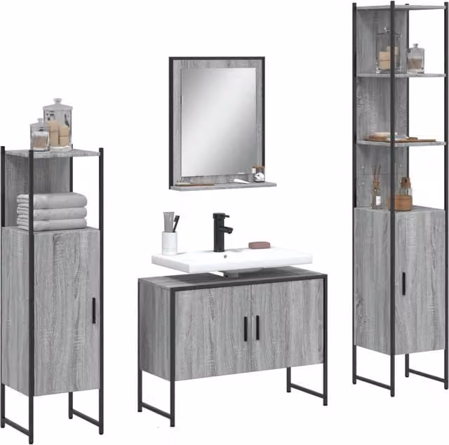 Berkfield Home 4 Piece Grey Modern Bathroom Cabinet Set with Vanity Unit and Wall Mounted Storage – 1