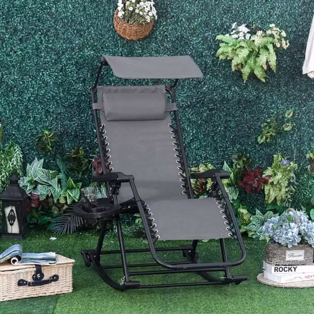 Outsunny Grey Folding Garden Rocking Chair Recliner with Sun Canopy, Adjustable Headrest and Side Tray