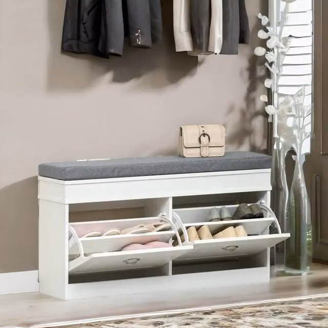 Rafaelo Mobilia Shoe Storage Bench with Cushioned Seat in White, W: 104 cm, H: 55 cm, D: 40 cm