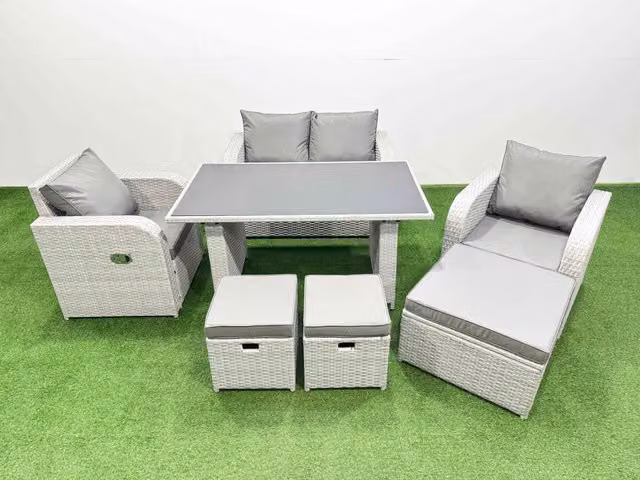 Fimous 7-Seater Outdoor Rattan Garden Furniture Dining Set with 3 Stools in Light Grey