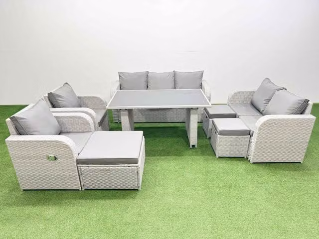 Fimous 10 Seater Modern Garden Furniture Set in Light Grey with Rattan, Metal and Glass Details