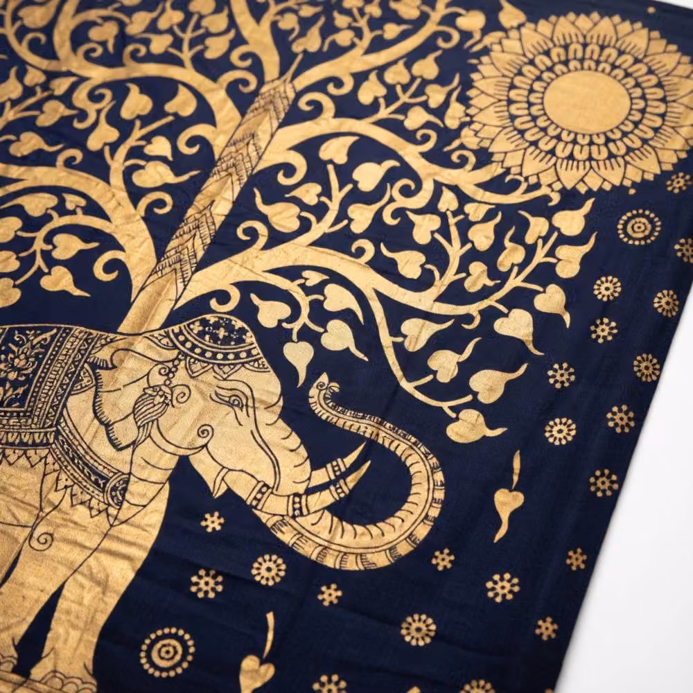 KDMD Double Cotton Bedspread and Wall Hanging Set with Elephant and Tree Design in Blue and Gold – 2