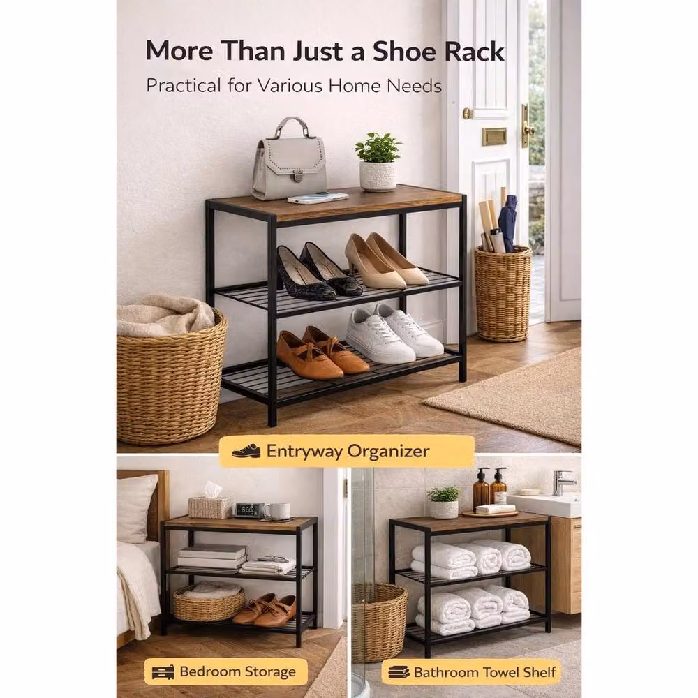 FLAVORA 3 Tier Metal and Wood Shoe Rack Organiser in Brown, W/D/H: 100 x 52.5 x 30 cm – 3