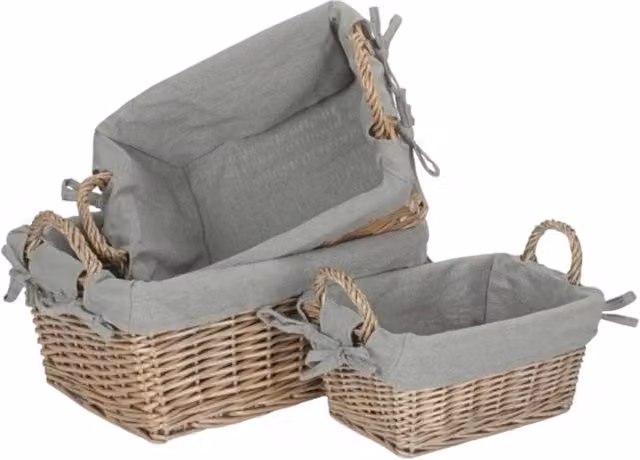 Set of 3 Red Wicker Hampers with Grey Cotton Lining and Handles – 1