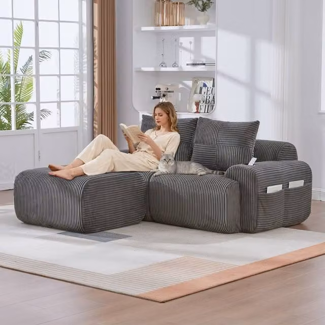 Matteo Modular 2-Seater Corduroy Sofa in Grey with Matching Ottoman and Cup Holders – 1