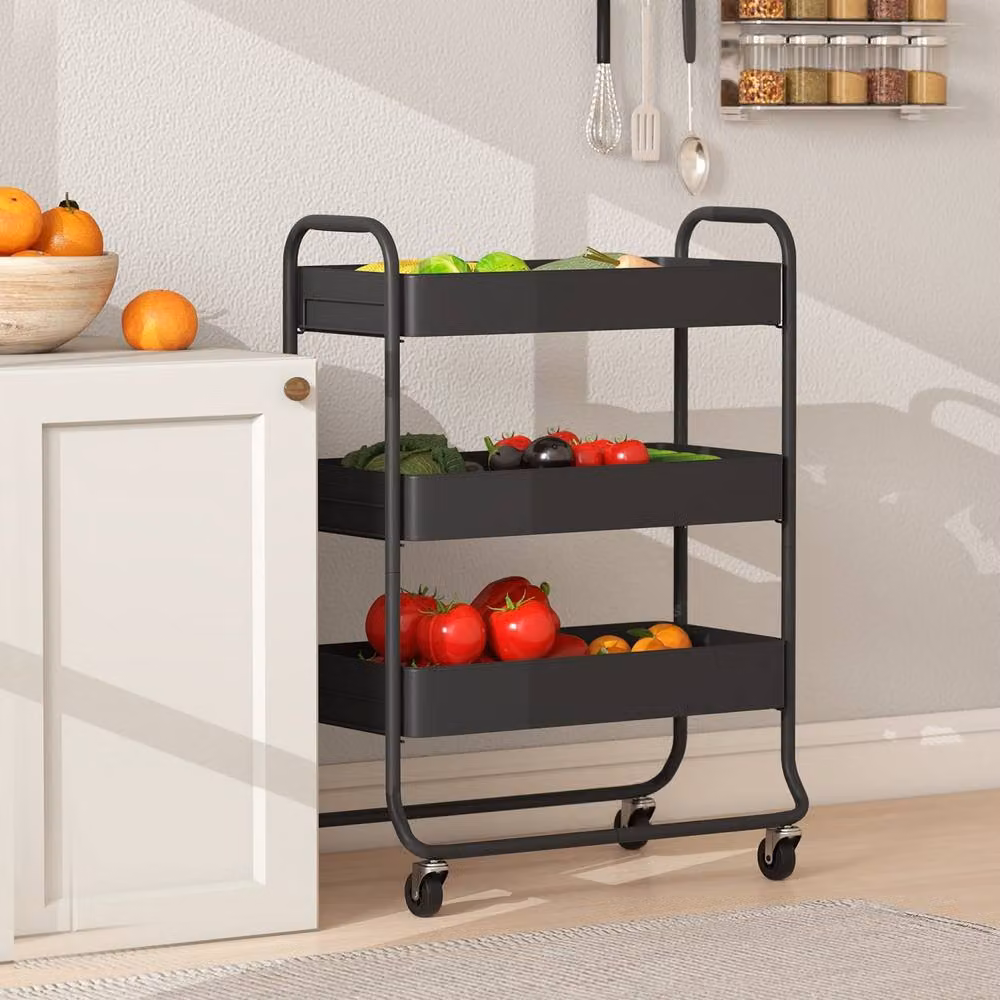 Wyld Haus Rakemi 3 Tier Black Metal Rolling Utility Trolley with Mesh Baskets – 7