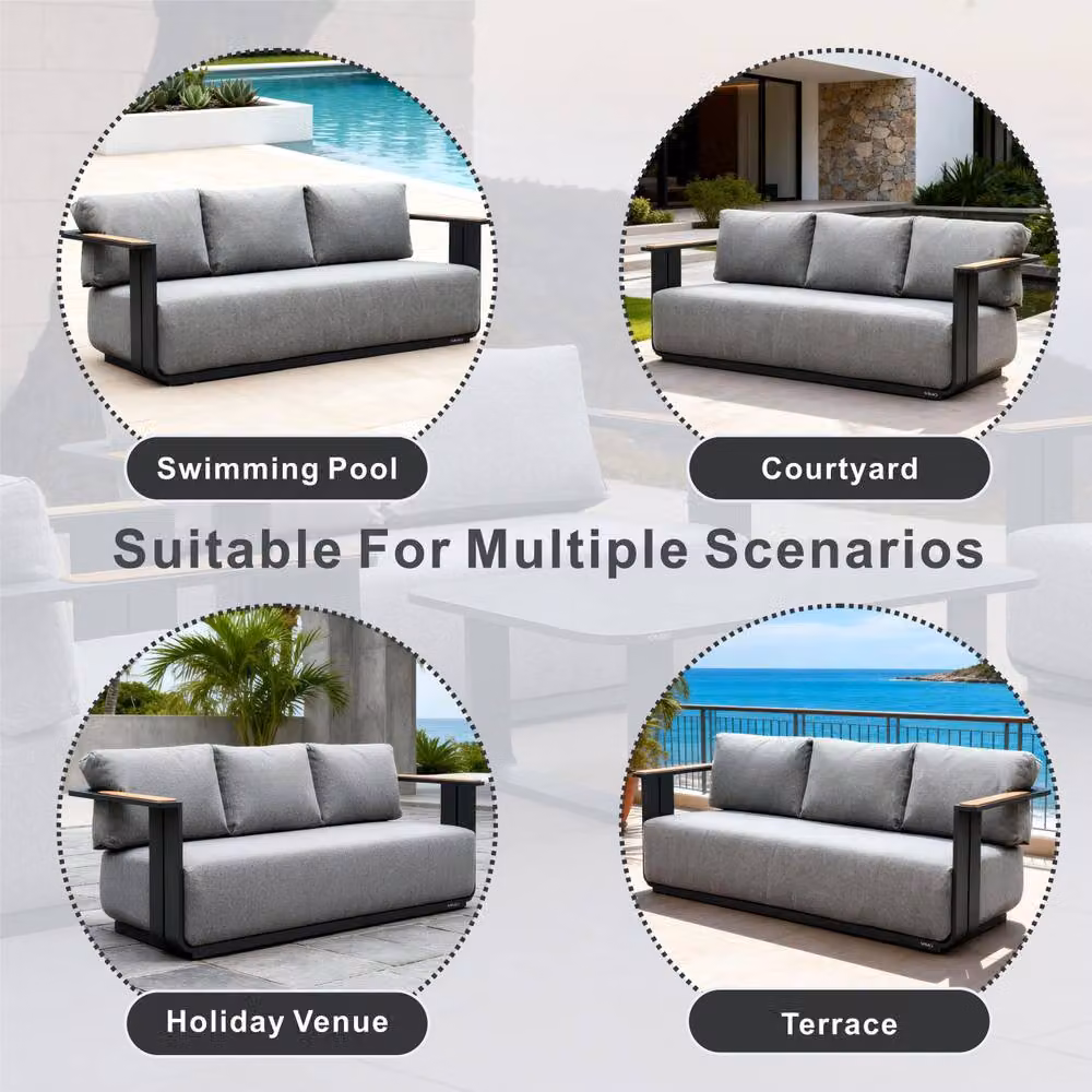 MIMO Garden 5-Seater Grey Aluminum Garden Sofa Set with Teak Armrests and Coffee Table – 6
