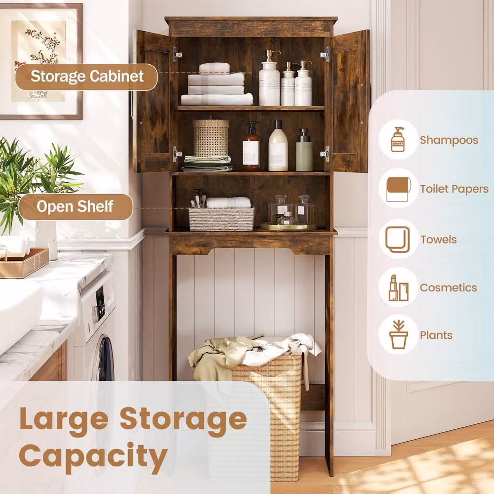 Costway Freestanding Over The Toilet Storage Cabinet with Hinged Doors and Open Shelf in Brown Rustic Wood – 3