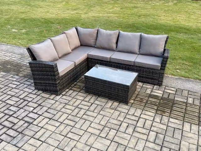 Fimous 6 Seater High Back Rattan Garden Furniture Set with Corner Sofa and Rectangular Coffee Table in Dark Grey