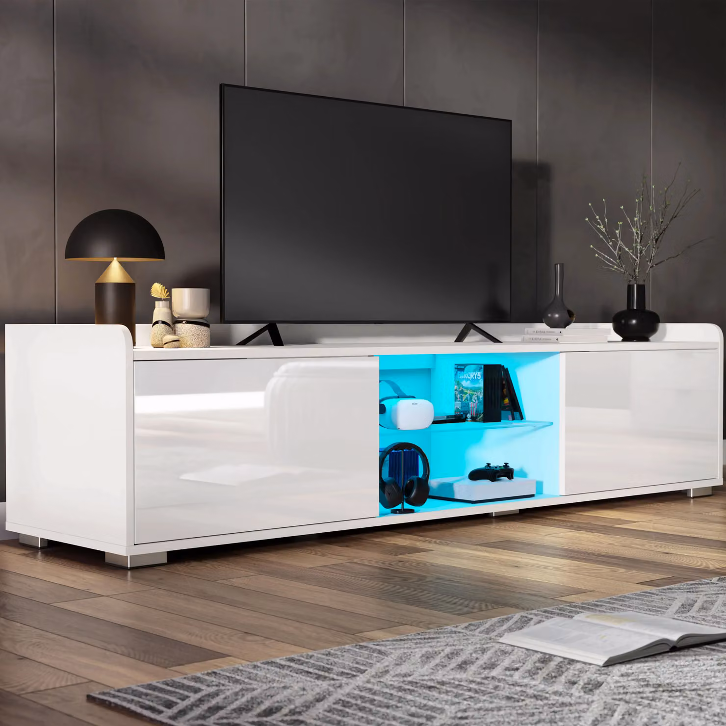 DHS White High Gloss TV Unit with LED Lights and 2 Door Storage Cabinets, Width: 160 cm