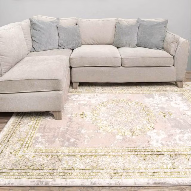 The Rug House Grey and Green Distressed Traditional Medallion Bordered Rectangular Area Rug, W: 150 cm, D: 80 cm