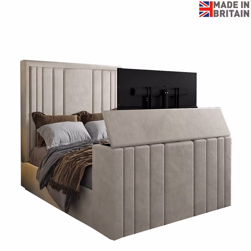 KDMD Atom Upholstered Soft Velvet Pebble TV Bespoke Bed Frame in Light Sand, Super King, W/D/H: 200 x 152 x 189 cm – 2