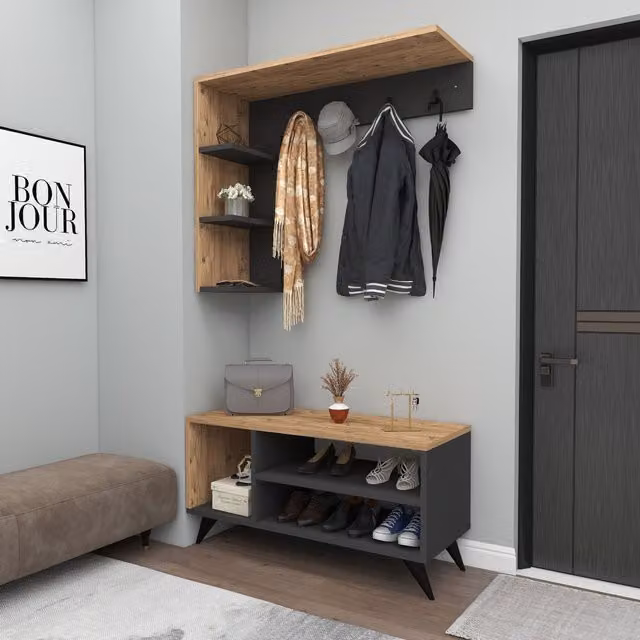 Destina Home Cassia Hallway Coat Rack and Shoe Storage Hall Tree with Bench in Grey – 1