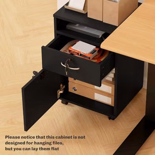 HOMCOM Lockable Filing Cabinet with 2 Drawers and Open Shelf in Black – 6