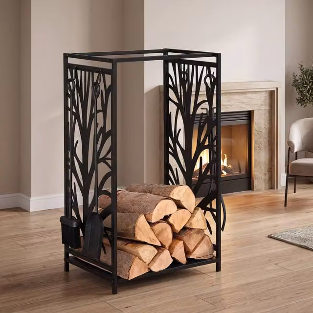 STILVORA Black Steel Firewood Log Holder with 4 Tools, W/D/H: 70.0 x 46.0 x 30.0 cm – 1