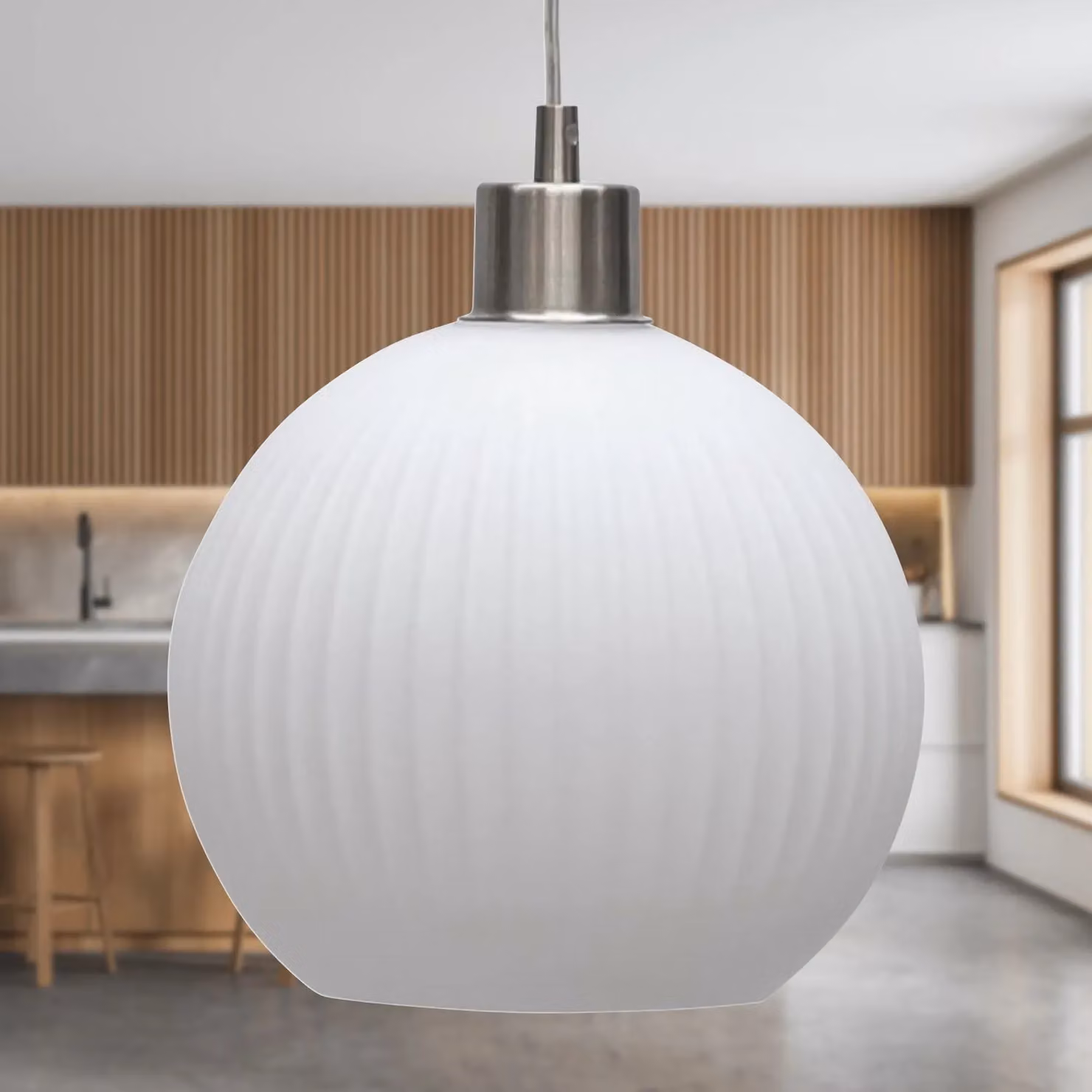 First Choice Lighting Betchley White Ribbed Glass Globe Pendant with Silver Metal Fitting – 2