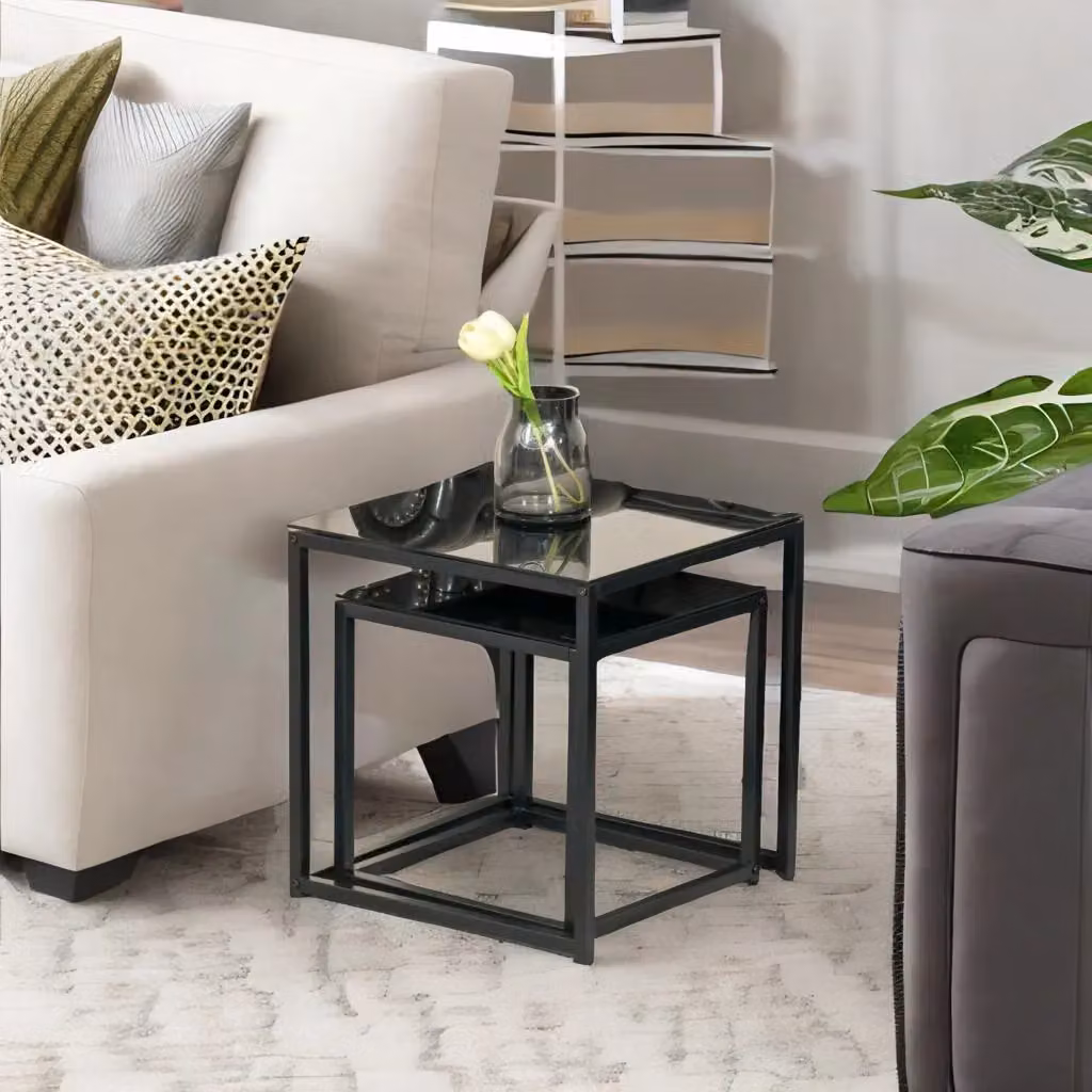 Rafaelo Mobilia Set of 2 Modern Square Nesting Tables in Black with Glass Tops – 4