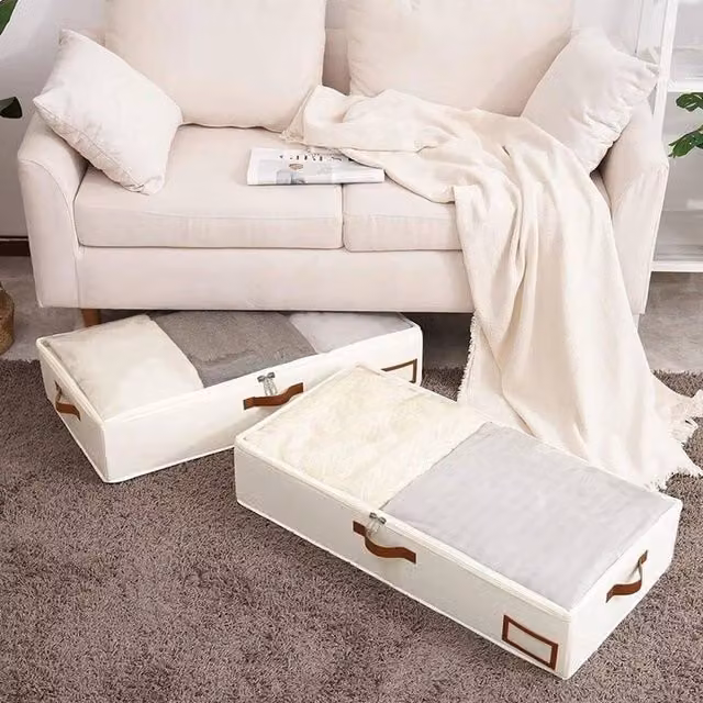 EONLION Sturdy Fabric Clothes and Quilt Storage Box with Handles, Beige, W: 50 cm x D: 45 cm x H: 15 cm – 1