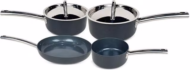 Cermalon 4 Piece Hard Anodised Non Stick Cookware Starter Set in Grey, including Frying Pan and Saucepan with Lids, Induction and All Hob Compatible – 1