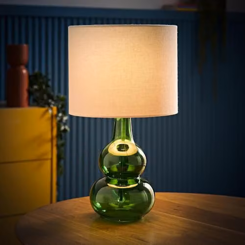 ValueLights Aida Green Bubble Glass Table Lamp with Natural Linen Shade and LED Bulb – 2