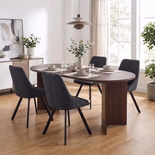 FWStyle 5 Piece Modern Dining Set with Walnut Table and 4 Black Swivel Chairs in Brown, W: 180 cm, D: 90 cm, H: 75 cm – 3