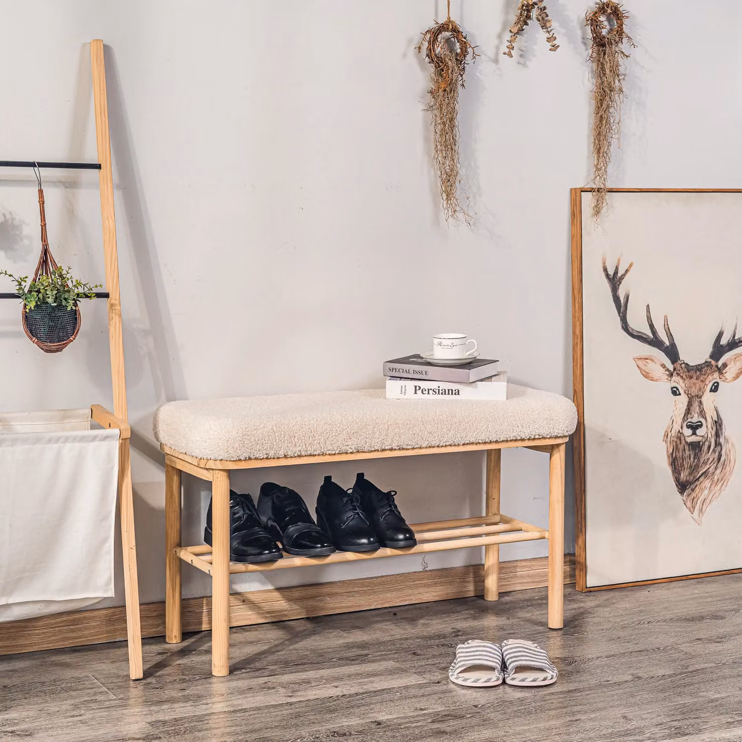 ASUGI Scandinavian White Wooden Shoe Rack and Entryway Bench – 2