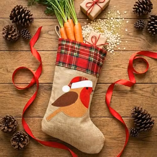 Shatchi Large Brown Robin Christmas Stocking with Classic Printed Design, 45 cm Hanging Burlap Linen Sack – 8
