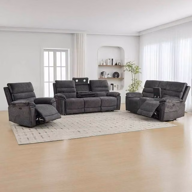 Furnishings For Less UK Sicily 3 Piece Electric Power Recliner Set in Grey Fabric (3+2+1) – 1