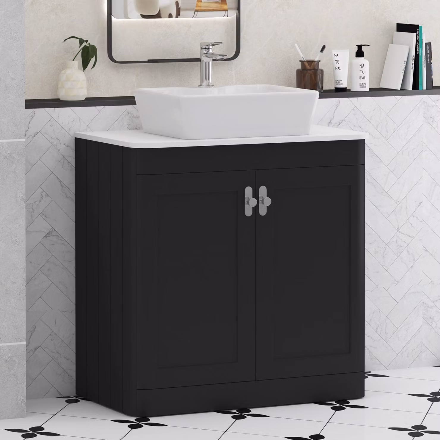 Royal Bathrooms Henley 800mm Matt Nocturne Black Floor Standing 2 Door Vanity Unit with Plain White Worktop and Cube Basin