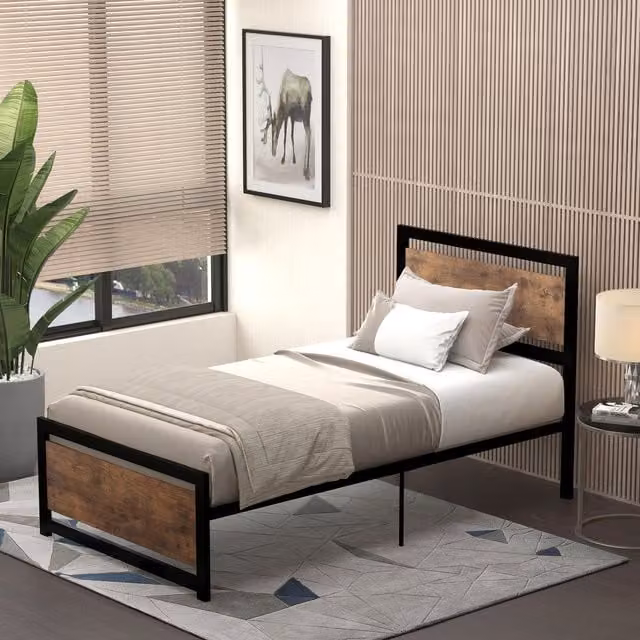 HOMCOM Industrial Metal Single Bed Frame in Black and Brown, W/D/H: 90 x 200 cm