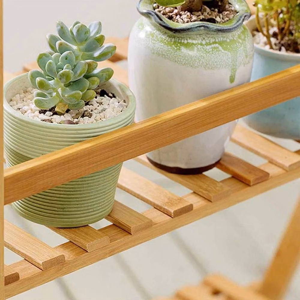 FORGEVIO 3 Tier Folding Ladder Planter Shelf in Brown and Beige Wood, H 96.0 cm x W 70.0 cm x D 40.0 cm – 4