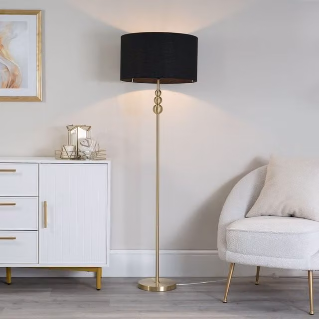 ValueLights Gold Stacked Ball Floor Lamp with Black Fabric Drum Shade and Bulb – 1