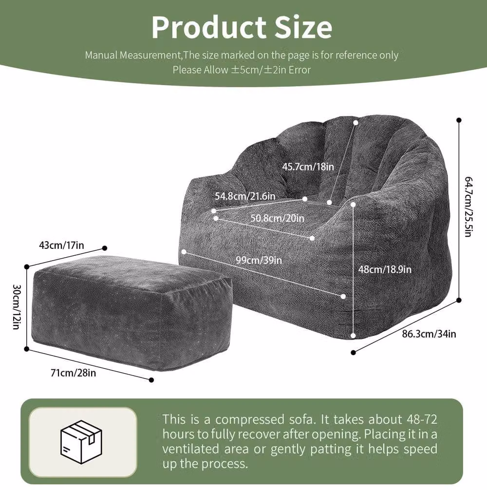 STILVORA Oversized Grey Fabric Bean Bag Chair with Footstool and Armrests – 2
