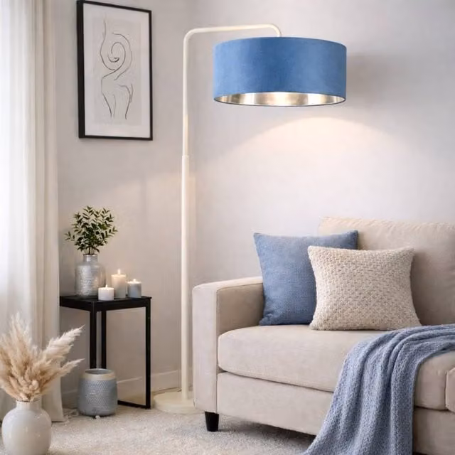 CGC Lighting Kyra Cream Angled Floor Lamp with 45cm Petrol Velvet Lampshade – 1